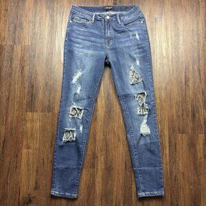Judy Blue Skinny Fit Jeans Dark Wash Destroyed Snakeskin Patches Women’s Size 11